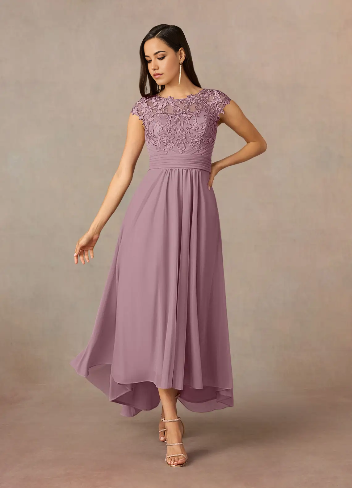 Wholesa A-Line Crew Neck Lace Dusty Rose formal dresses evening dress Mother of the Bride Dresses