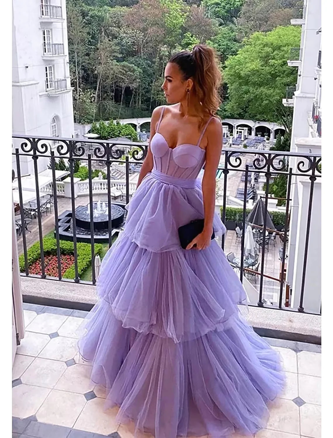 Wholesa Ball Gown Prom Dresses Tiered Dress Formal Floor Length Sleeveless Sweetheart Tulle Backless with Pleats Ruched