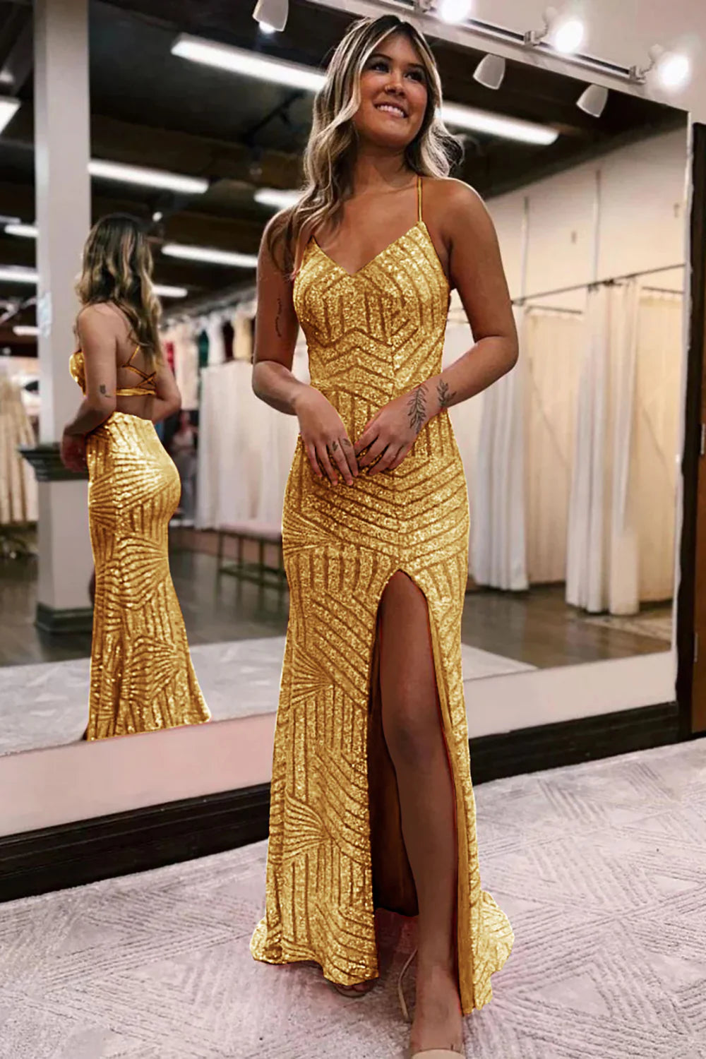 Wholesa Sparkly Open Back Sequins Long Prom Dress with Slit
