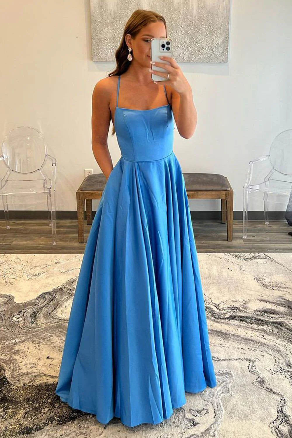 Wholesa A-Line Halter Backless Satin Long Prom Dress with Pockets