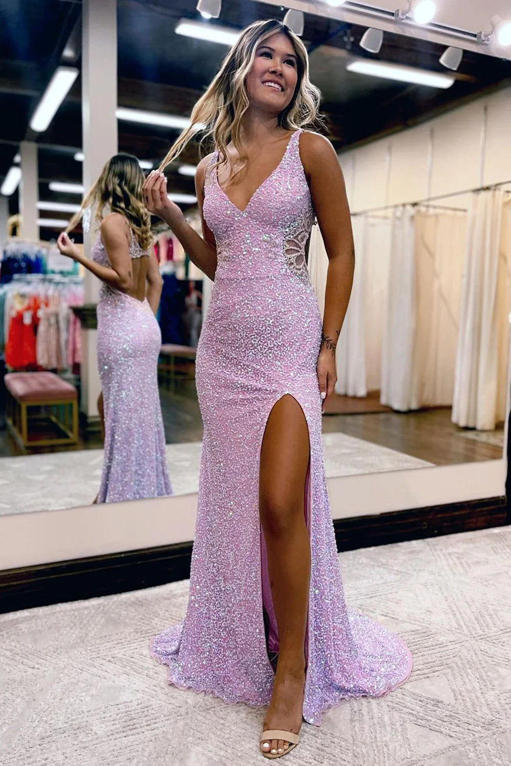 Wholesa Mermaid V-Neck Backless Sequins Prom Dress with Slit