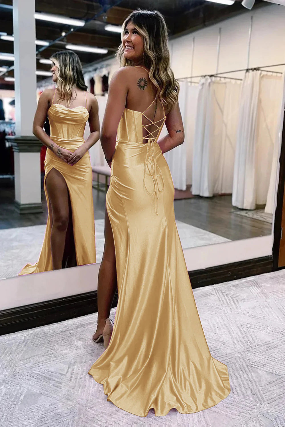 Wholesa Mermaid Spaghetti Straps Satin Prom Dress with Slit