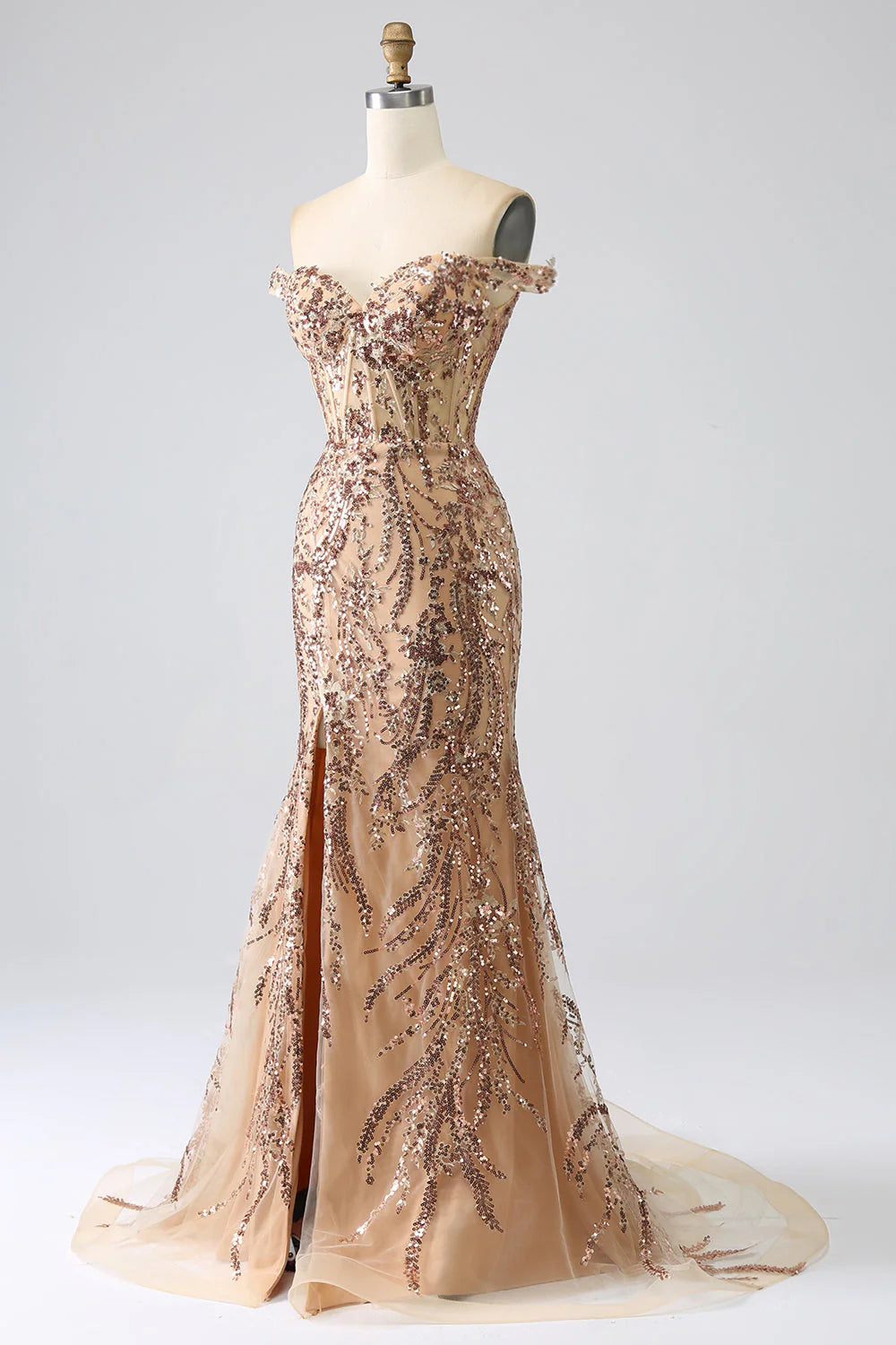 Wholesa Mermaid Sparkly Off The Shoulder Corset Prom Dress with Slit