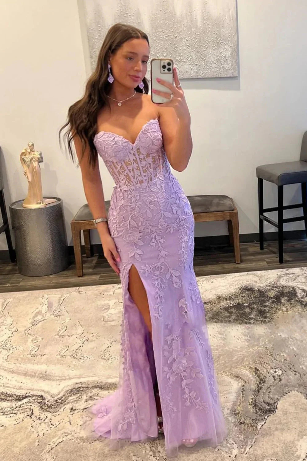 Wholesa Corset Sweetheart Long Lace Prom Dress with Slit