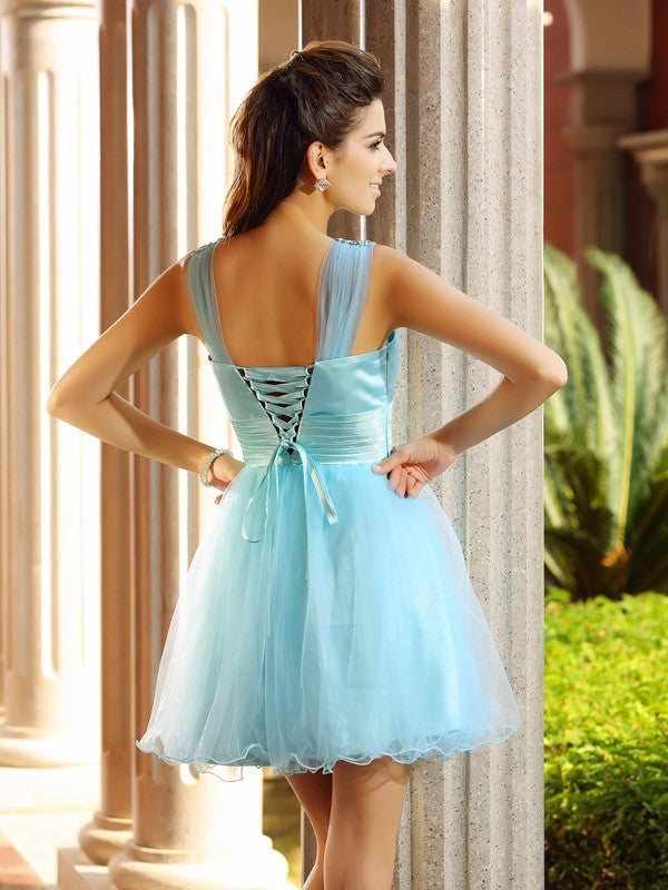 Wholesa  A-Line/Princess V-neck Pleats Sleeveless Short Net Cocktail Dresses
