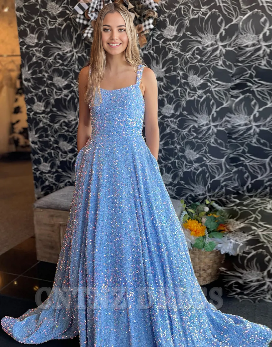 Wholesa A-Line Sparkly Spaghetti Straps Sequins Blue Long formal dresses Bridesmaid Dresses evening gown Prom Dress
