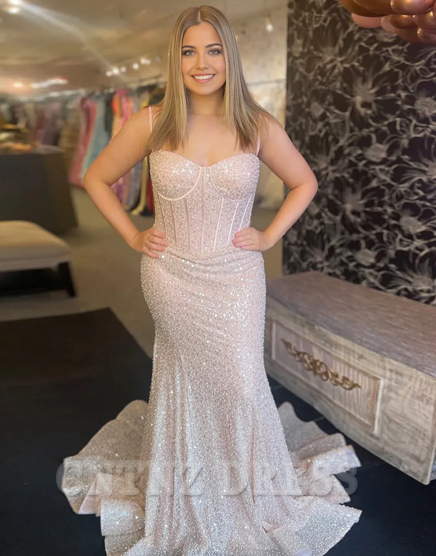 Wholesa Mermaid Sparkly Sequins Spaghetti Straps Corset Pink Long formal dresses evening gown Prom Dress