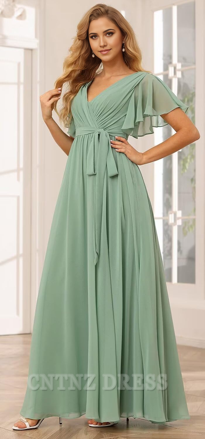 Wholesa A-line V Neck Chiffon Flutter Sleeve formal dresses Bridesmaid Dresses evening gown Prom Dress
