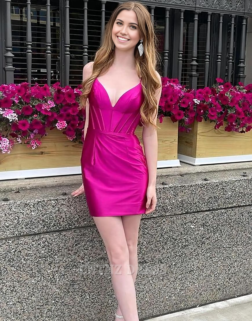 Wholesa Sheath Simple V-Neck Short Satin Green Homecoming Dress formal dresses Bridesmaid Dresses evening gown Prom Dress