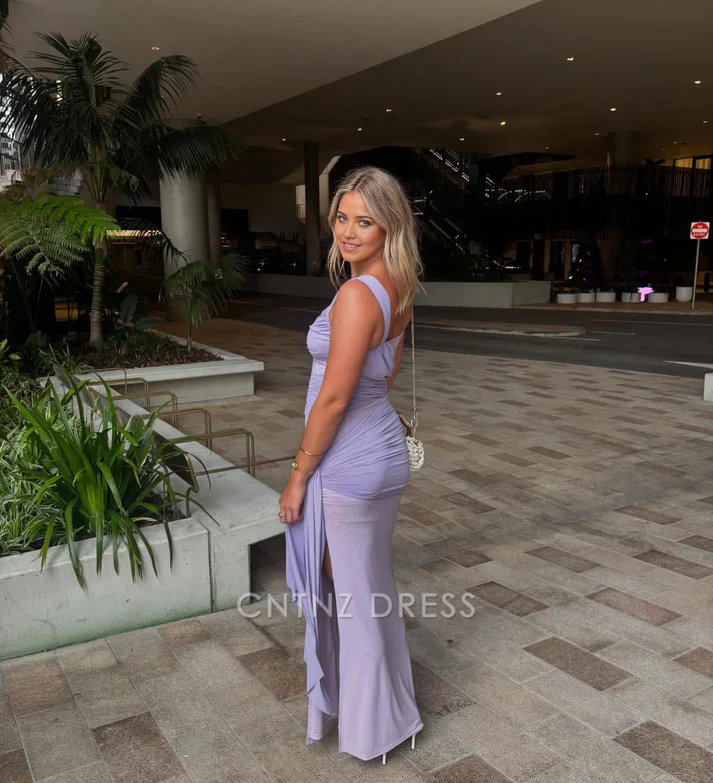 Wholesa Sheath Elegant Chiffon Pleated Lavender formal dresses Bridesmaid Dresses evening gown Prom Dress With Split