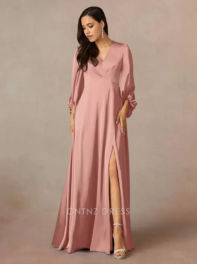 Wholesa A-Line V-Neck 3/4 Length Sleeves Pleated Floor-Length Wedding Guest Dresses Mother of the Bride Dresse