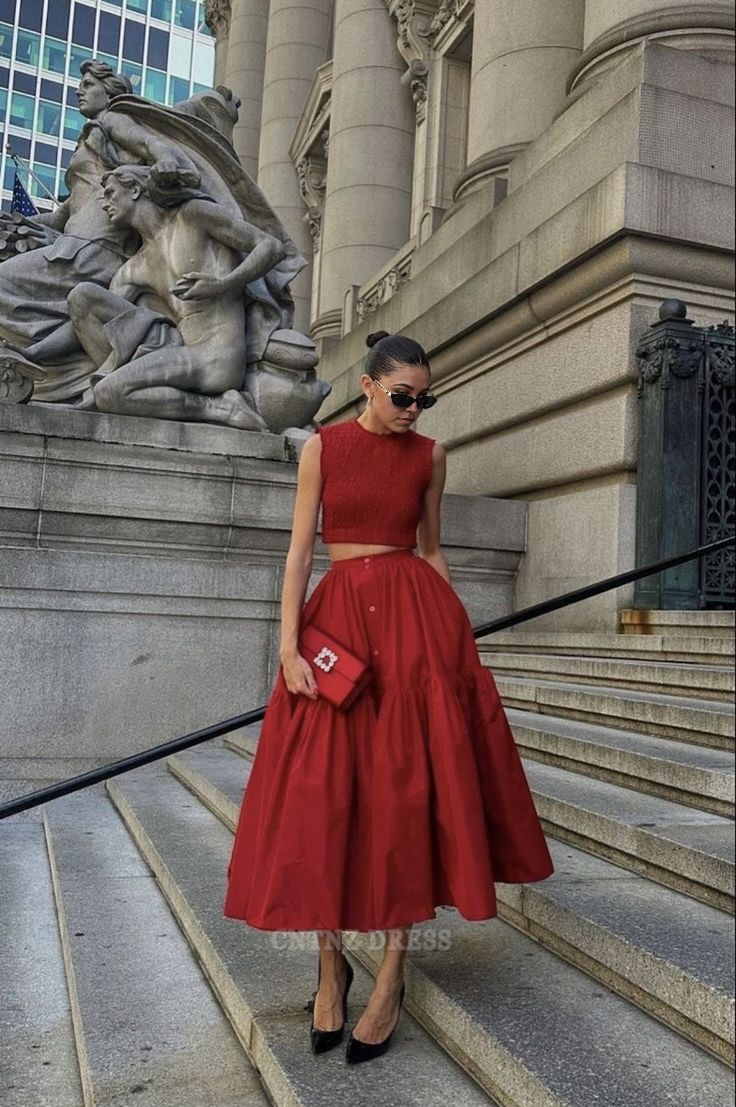 Wholesa Two Piece Red Satin Ankle Length formal dresses Bridesmaid Dresses evening gown Prom Dress