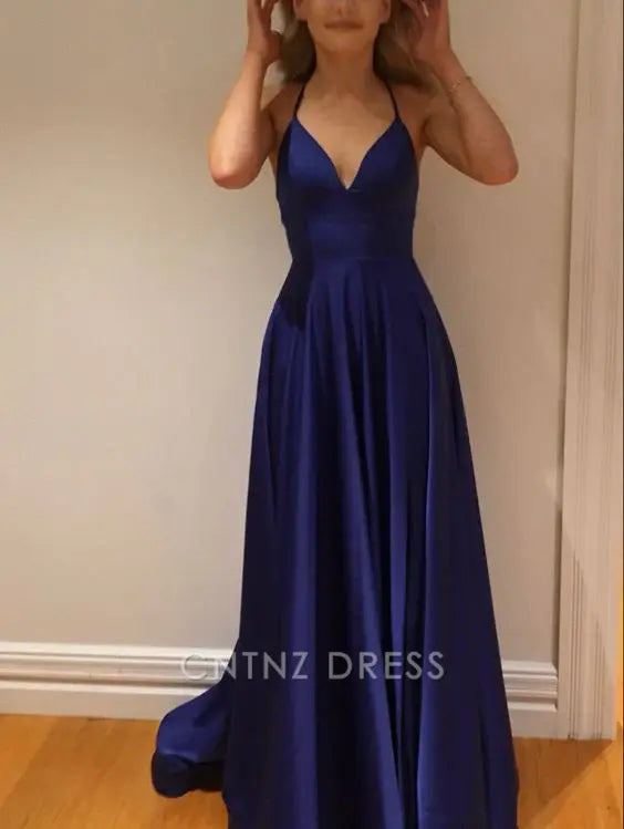 Wholesa A-line Simple V-Neck Spaghetti Straps Blue formal dresses Bridesmaid Dresses evening gown Prom Dress