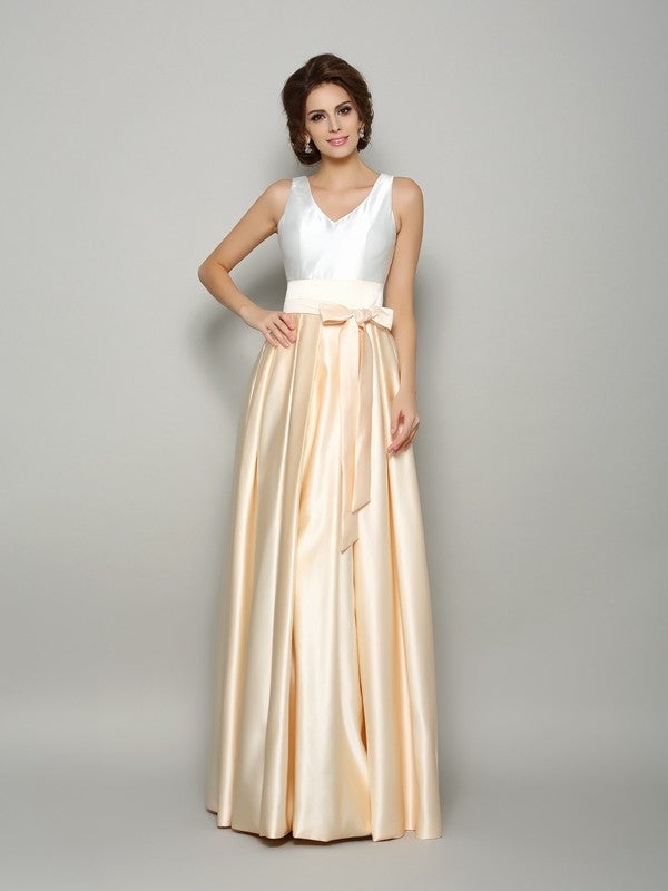 Wholesa A-Line/Princess V-neck Bowknot Sleeveless Long Satin Mother of the Bride Dresses
