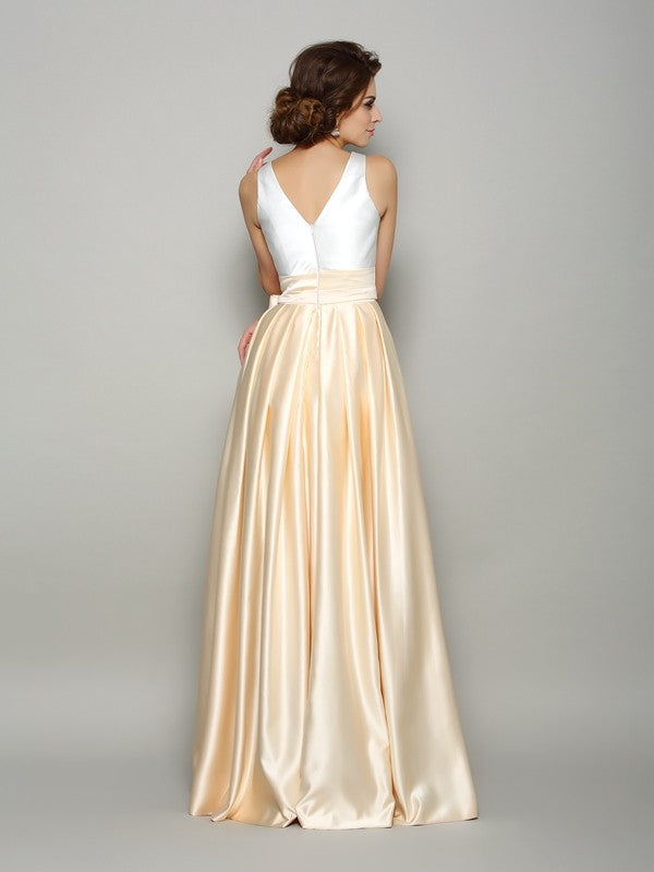 Wholesa A-Line/Princess V-neck Bowknot Sleeveless Long Satin Mother of the Bride Dresses