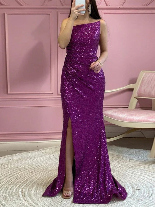 Wholesa Mermaid Sequins Strapless Sleeveless Floor-Length Long Prom Dresses With Split Side