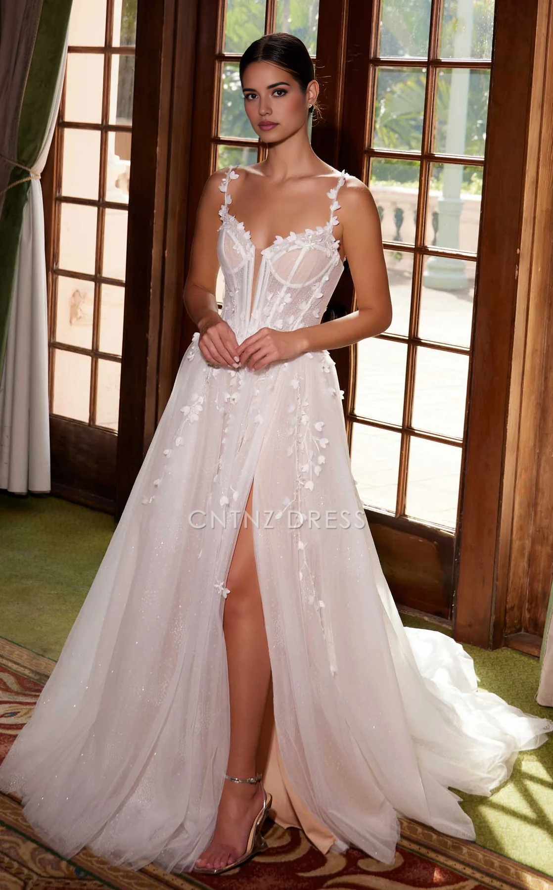 CNTNZ DRESS Exquisite A Line Spaghetti Strap Sweetheart Neckline Backless Side Fork Flower Sparkle Hot Sale Wedding Dress