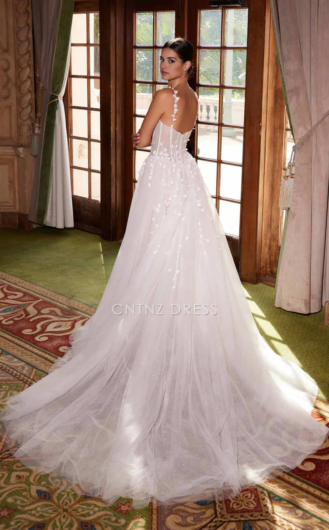 CNTNZ DRESS Exquisite A Line Spaghetti Strap Sweetheart Neckline Backless Side Fork Flower Sparkle Hot Sale Wedding Dress