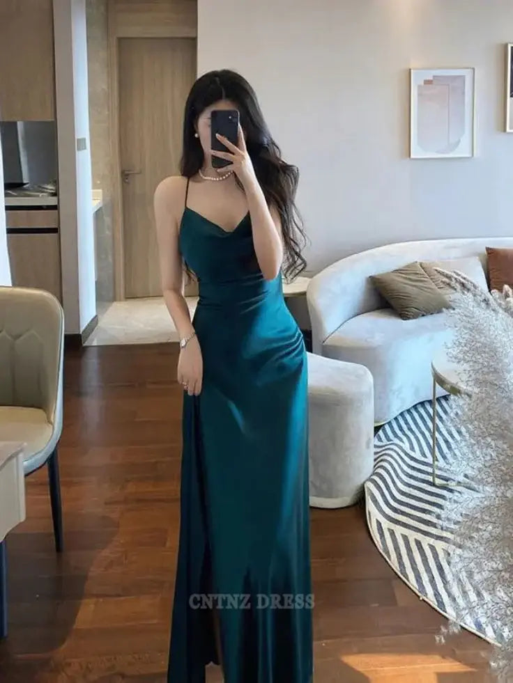 Wholesa Mermaid Spaghetti Straps Green Satin Slit formal dresses Bridesmaid Dresses evening gown Prom Dress