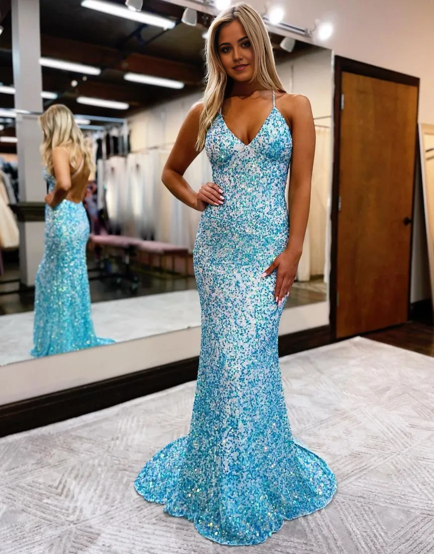 Wholesa Mermaid Sparkly Sequin Open Back Long Glitter formal dresses evening gown Prom Dress
