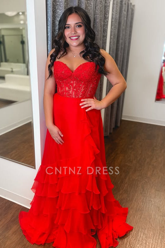 CNTNZ DRESS Exquisite A-Line Sweetheart Strapless Sleeveless Empire Appliques Ruched Tiered Party Hot Sale Prom Dress