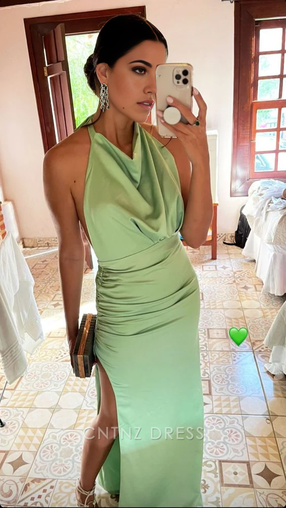Wholesa Sheath Halter Sexy Green formal dresses Bridesmaid Dresses evening gown Prom Dress With Split
