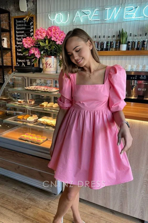 Wholesa A-line Square Neckline Puff Sleeves Pink formal dresses Bridesmaid Dresses evening gown Prom Dress Homecoming Dress