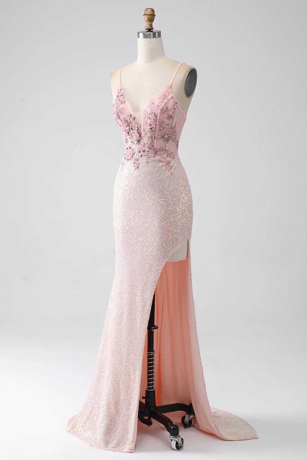 Wholesa Mermaid Glitter Beaded Prom Dress with Slit
