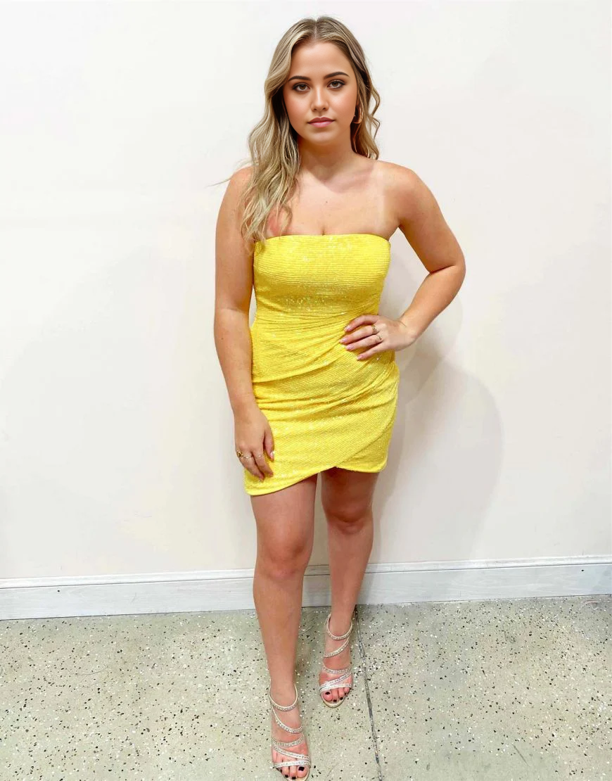 Wholesa Simple Strapless Zipper Back Yellow formal dresses Bridesmaid Dresses evening gown Prom Dress Homecoming Dress