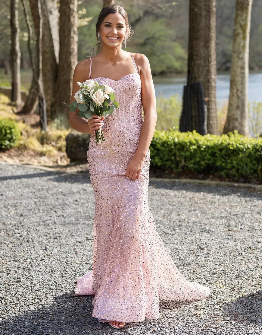 Wholesa Mermaid Sparkly Sequins Spaghetti Straps Corset Pink Long formal dresses evening gown Prom Dress