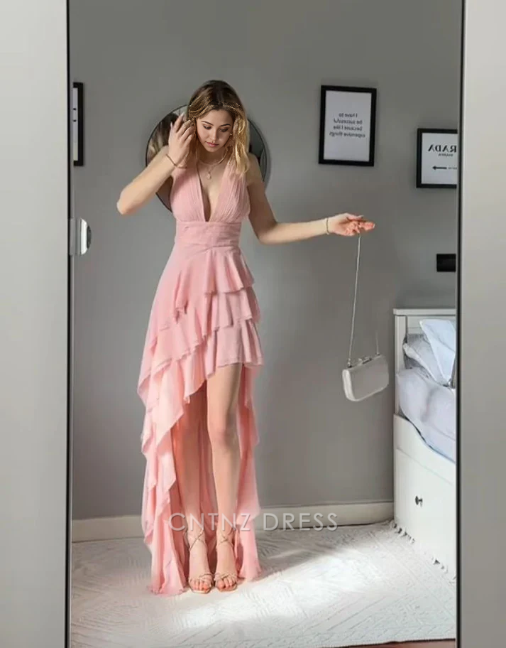 Wholesa A-line Deep V Pink Tiered Chiffon Sexy formal dresses Bridesmaid Dresses evening gown Prom Dress