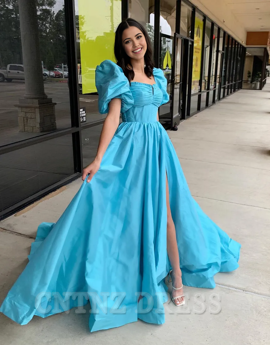 Wholesa A-Line Puff Sleeves Bow Tie Back Blue Long formal dresses evening gown Prom Dress with Slit