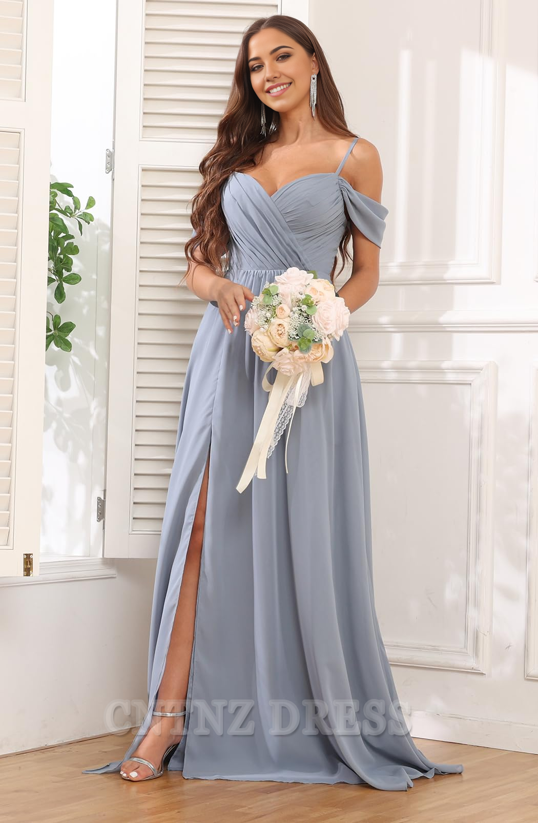 Wholesa A-line Off Shoulder Ruched Chiffon formal dresses Bridesmaid Dresses evening gown Prom Dress with Pockets Slit