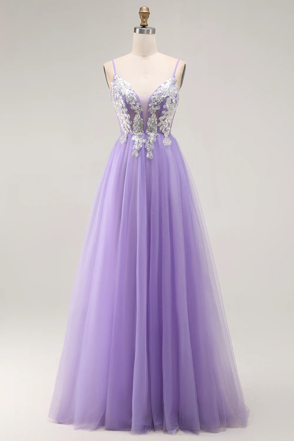Exquisite Formal Women's Dresses Sparkly Purple A Line Spaghetti Strap Deep V Neck Sleeveless with Sequins Applique Backless Discount Long Prom Dress