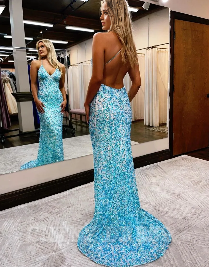 Wholesa Mermaid Sparkly Sequin Open Back Long Glitter formal dresses evening gown Prom Dress