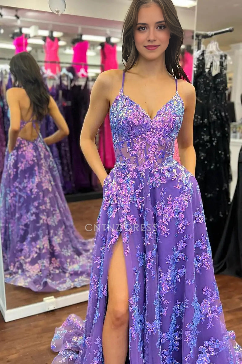 CNTNZ DRESS Glitter A-Line V-Neck Spaghetti Strap Sleeveless Lace Backless Exquisite Hot Sale Prom Dress