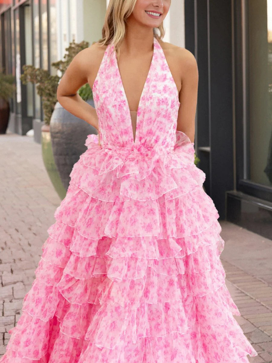 Luxury Formal Women's Dresses Fashion Pink A Line Halter Deep V Neck Sleeveless Tulle Printed Tiered Ruffle Backless Bargain Long Prom Dress