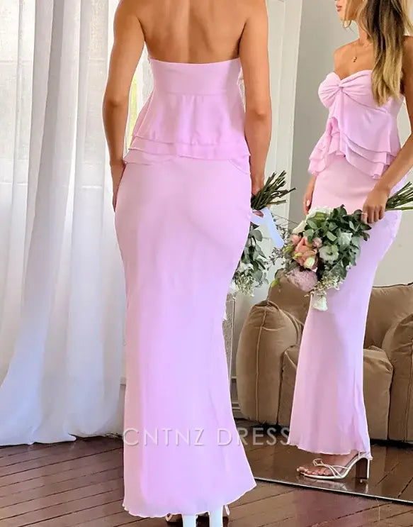 Wholesa Sheath Sweetheart Neck Chiffon Ruffle Classy Pink Evening Dress Cute formal dresses Bridesmaid Dresses evening gown Prom Dress