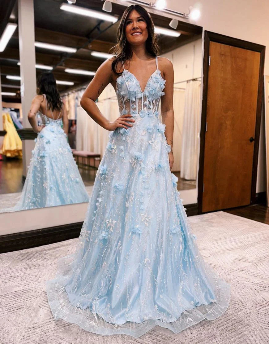 Wholesa A-Line 3D Flowers Spaghetti Straps Prom Dresses