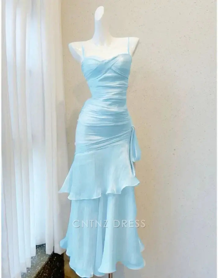 Wholesa Mermaid Elegant Spaghetti Straps Layered Blue formal dresses Bridesmaid Dresses evening gown Prom Dress