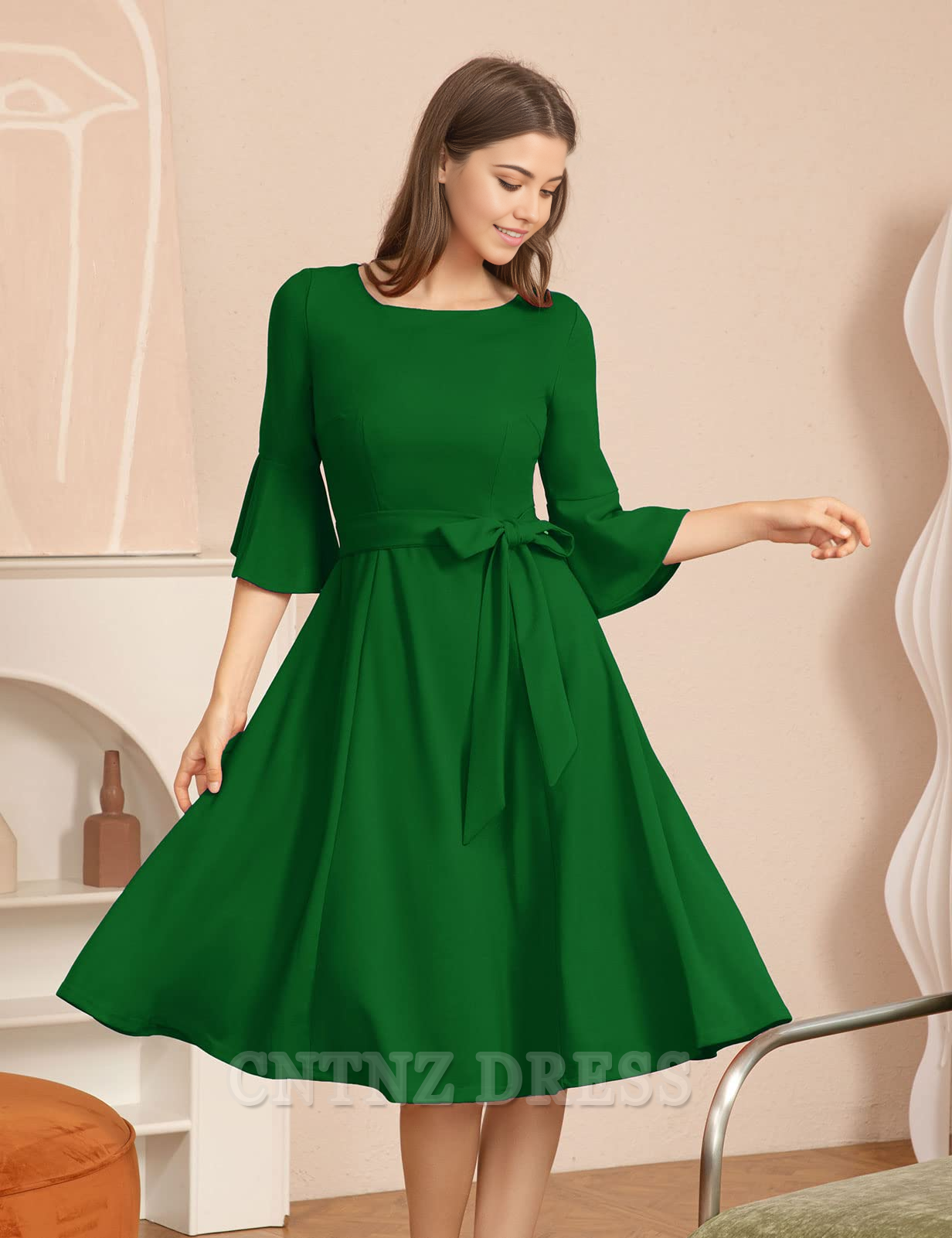 Wholesa A-line Crew Neck Elegant Bell Sleeve formal dresses Bridesmaid Dresses evening gown Prom Dress