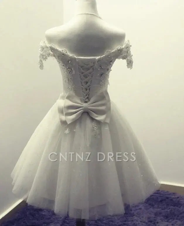 CNTNZ DRESS Hot Sale Short Prom Dress Exquisite A-line Off-the-shoulder Tulle Appliqued With Bow Homecoming Dress