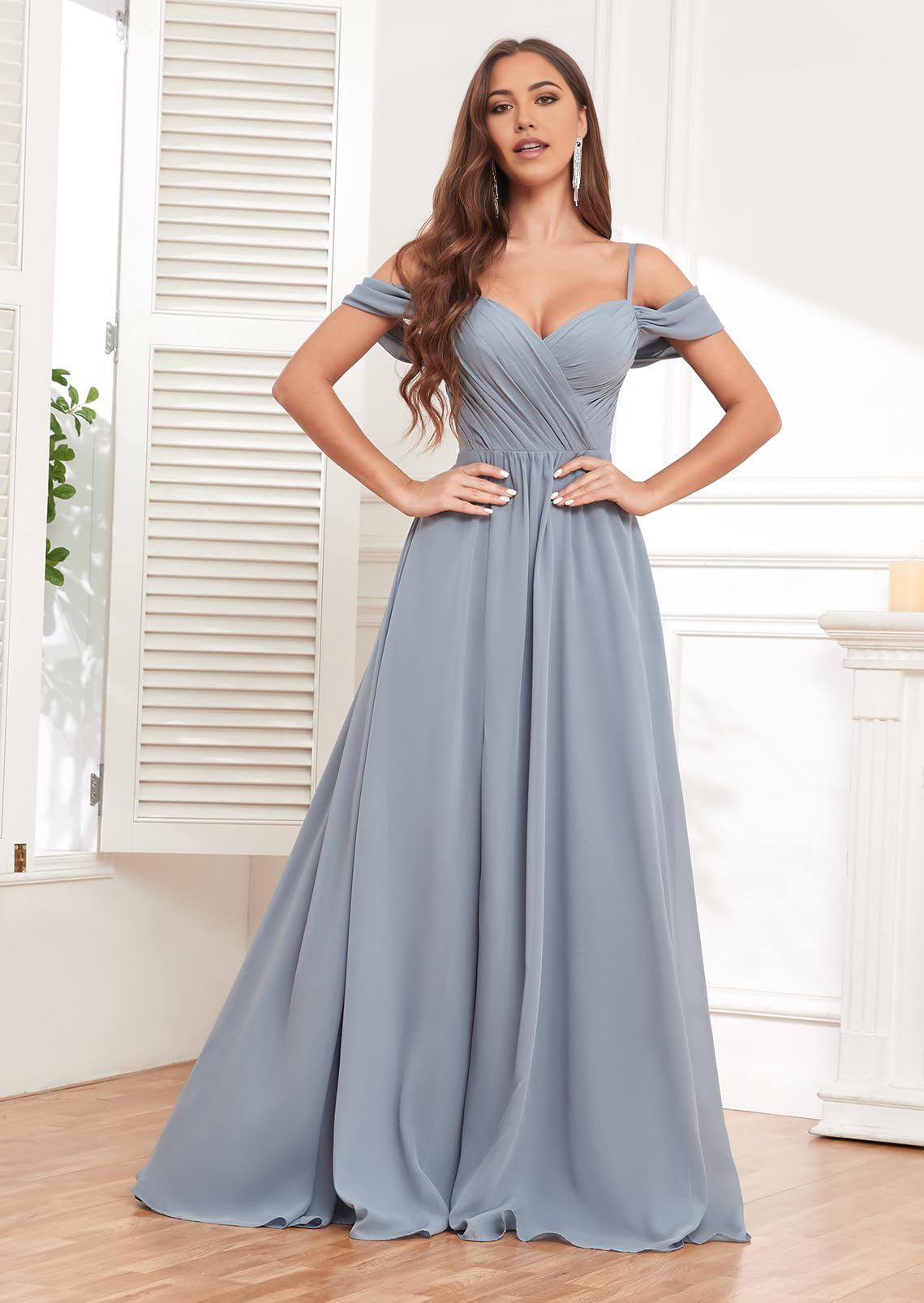Wholesa A-line Off Shoulder Ruched Chiffon formal dresses Bridesmaid Dresses evening gown Prom Dress with Pockets Slit