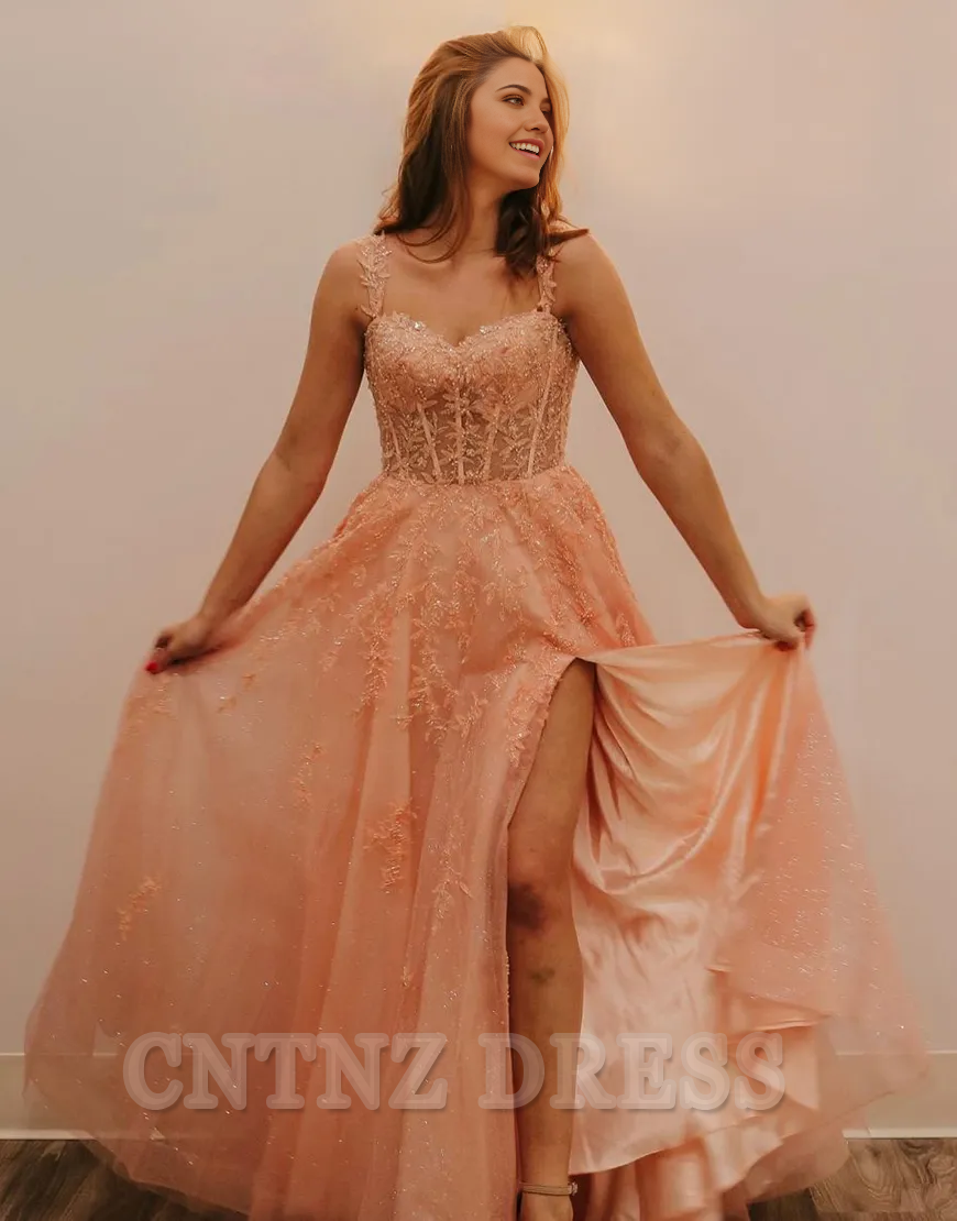 Wholesa A-Line Spaghetti Straps Appliques formal dresses evening gown Prom Dress With Beading