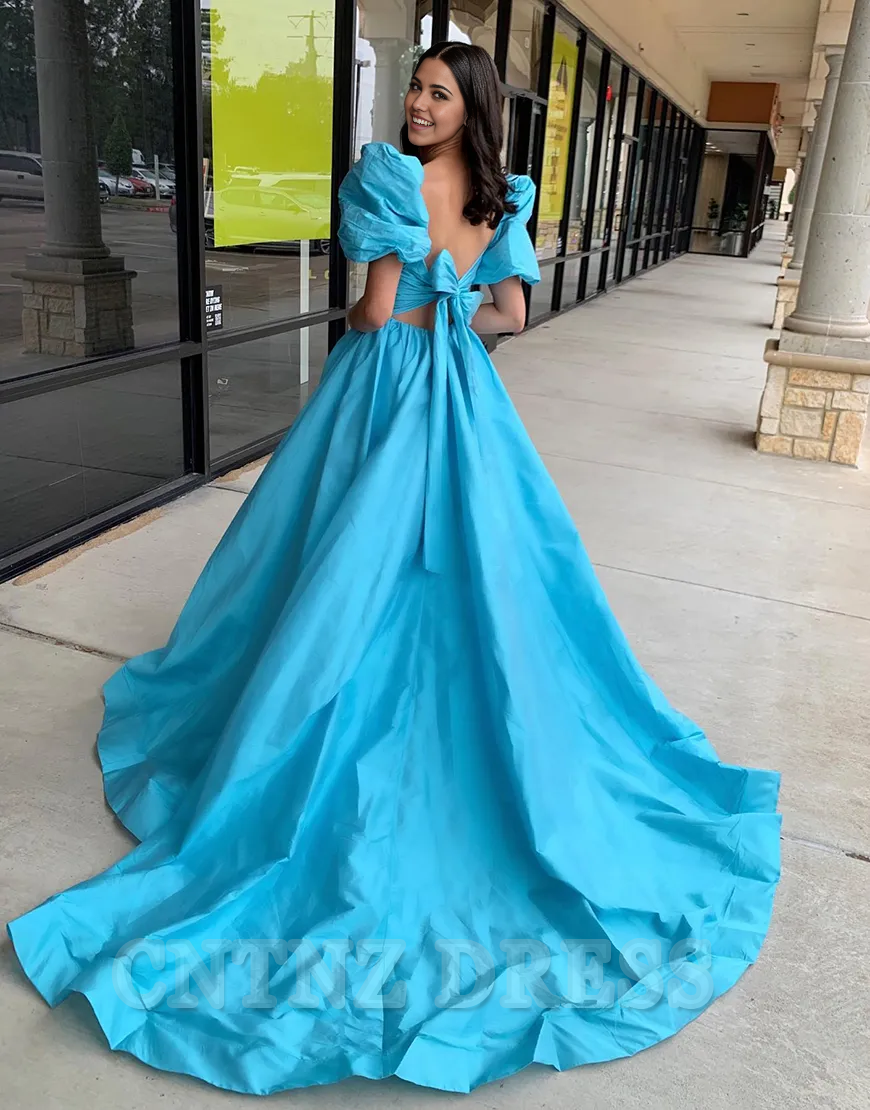 Wholesa A-Line Puff Sleeves Bow Tie Back Blue Long formal dresses evening gown Prom Dress with Slit
