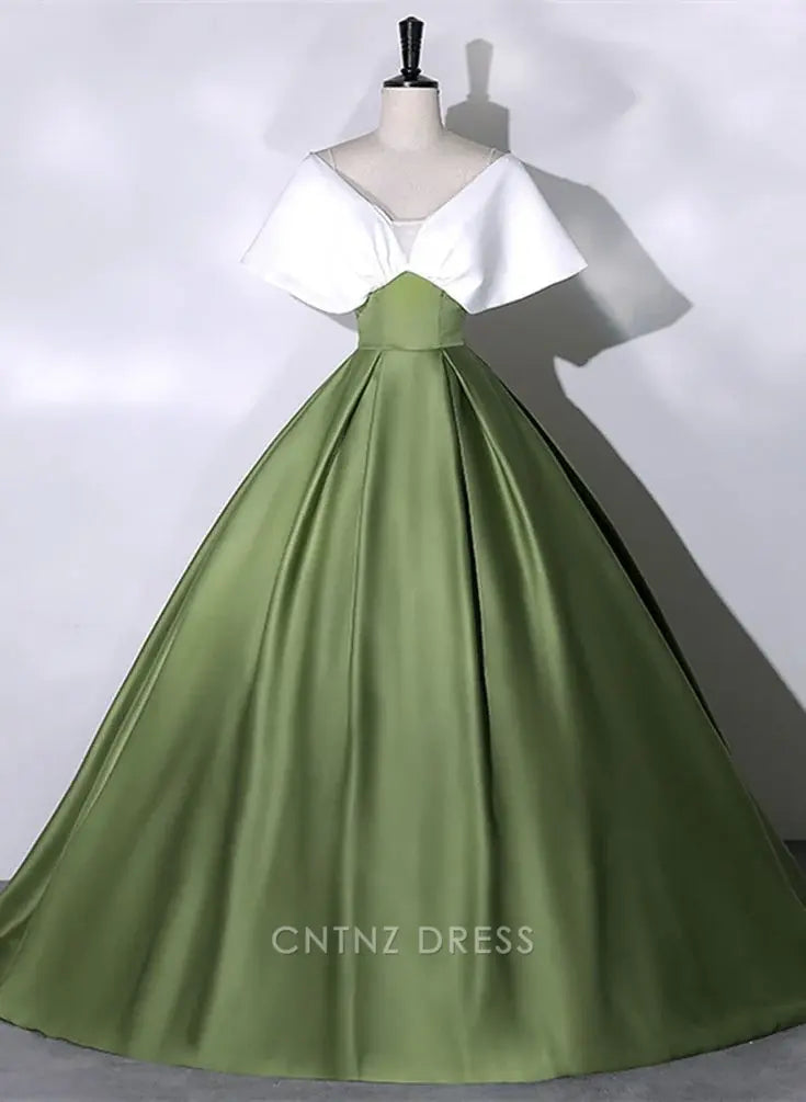 Wholesa A-line Green and White Satin Long formal dresses Bridesmaid Dresses evening gown Prom Dress