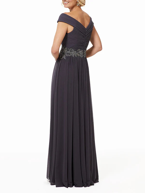 Wholesa A-Line V Neck Off-The-Shoulder Sleeveless Floor-Length Mother Of The Bride Dresses