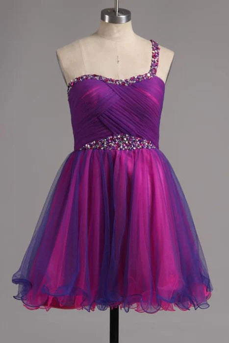 CNTNZ DRESS Hot Sale Short Prom Dress A-line One Shoulder Tulle Ruffles with Beads Sparkle Homecoming Dress