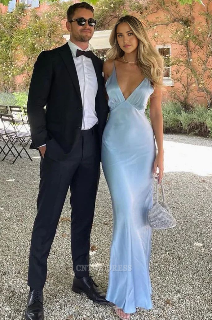 Wholesa Sheath Deep V-Neck Satin Blue Sleeveless Sheath Long formal dresses Bridesmaid Dresses evening gown Prom Dress