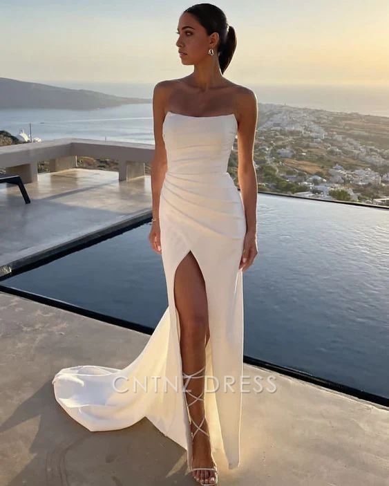 Wholesa Mermaid Elegant Strapless White formal dresses Bridesmaid Dresses evening gown Prom Dress